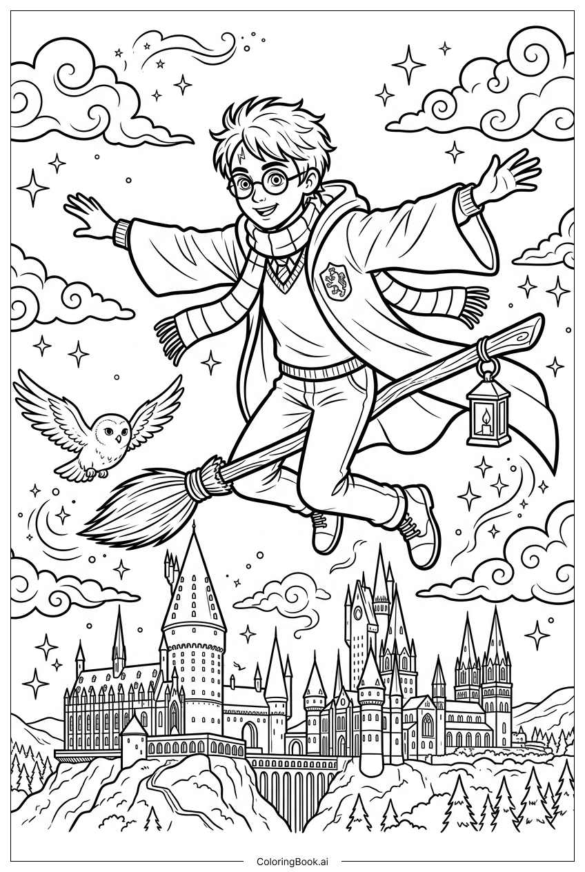 Harry Potter soaring on broom above Hogwarts Coloring Page