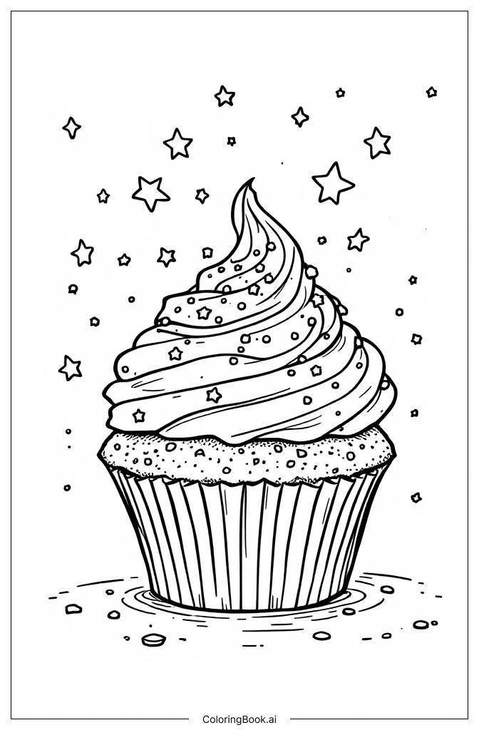  Página para colorear de Un cupcake arcoíris decorado con estrellitas 