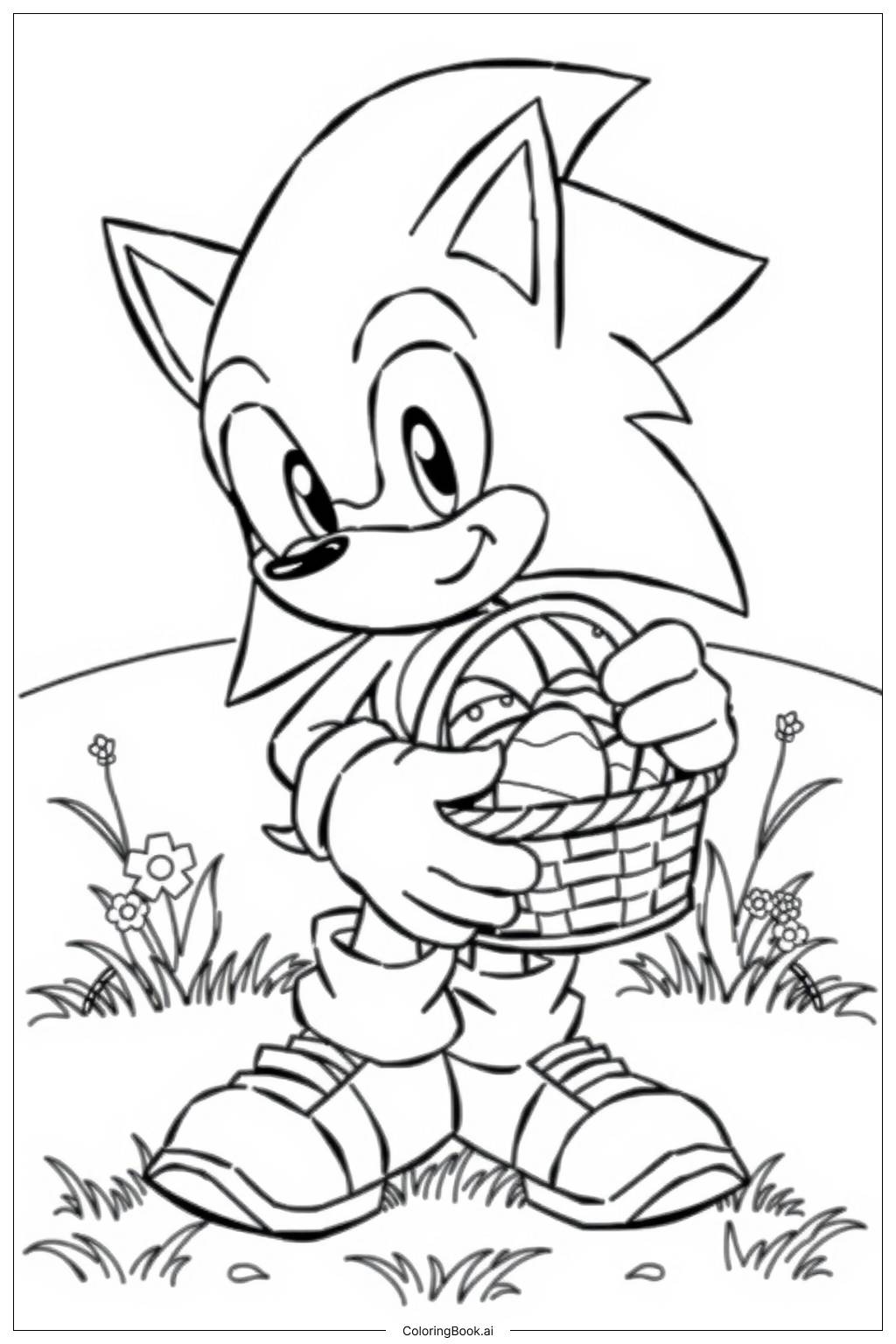  Página para colorir de sonic celebrando a páscoa com uma cesta de ovos 