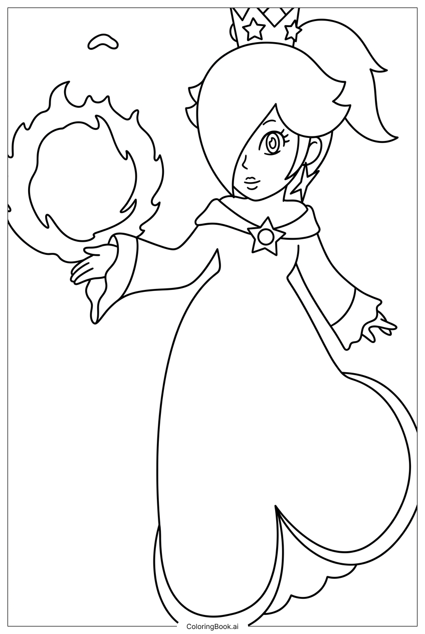  马尾辫的罗莎琳娜施放火焰魔法填色页 