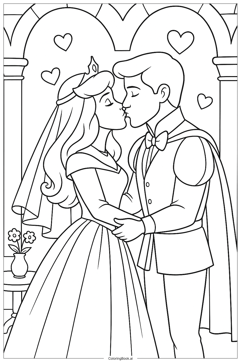  眠れる森の美女の魔法の結婚キスの塗り絵ページ 