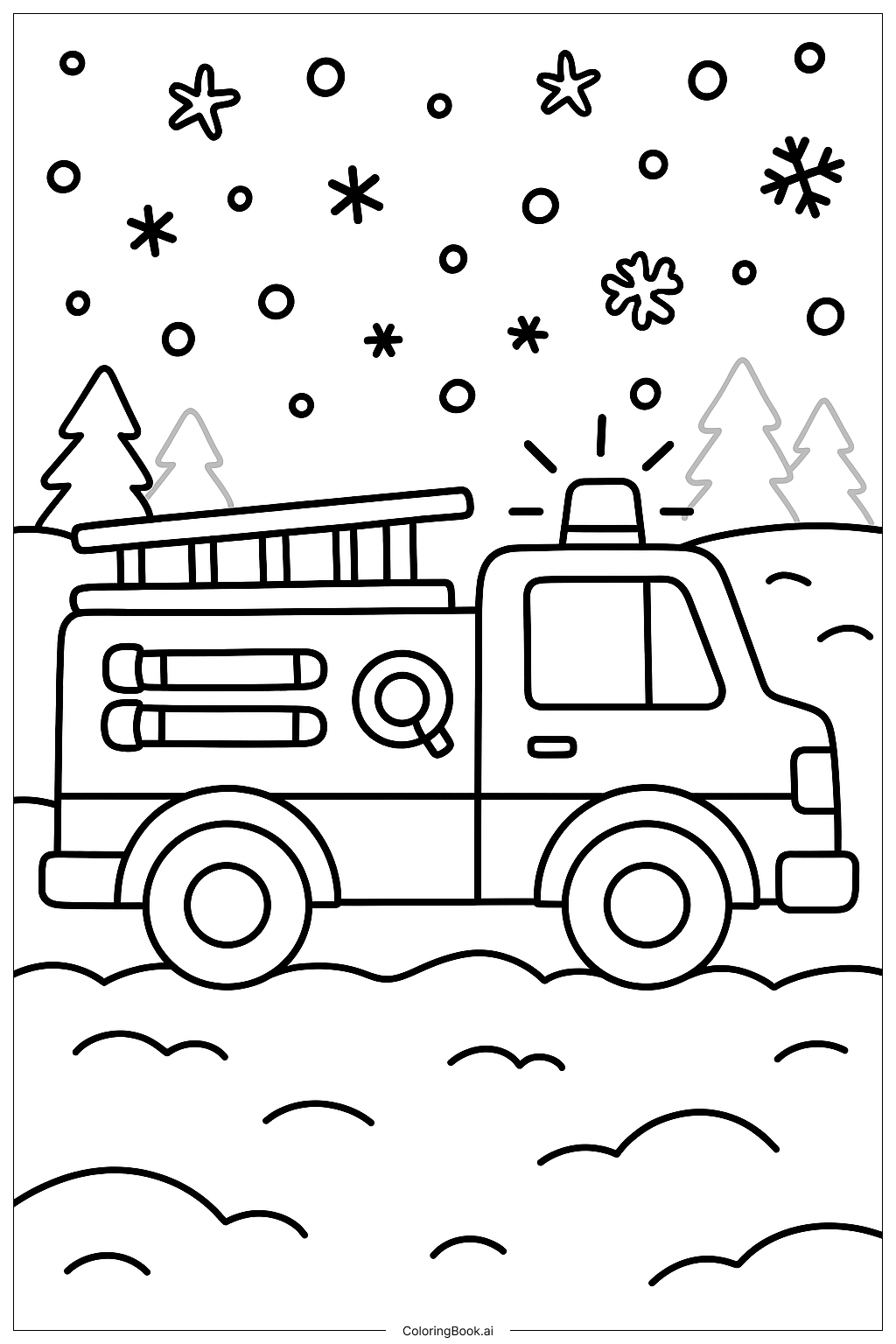  Page de coloriage Camion de pompiers par temps de neige 