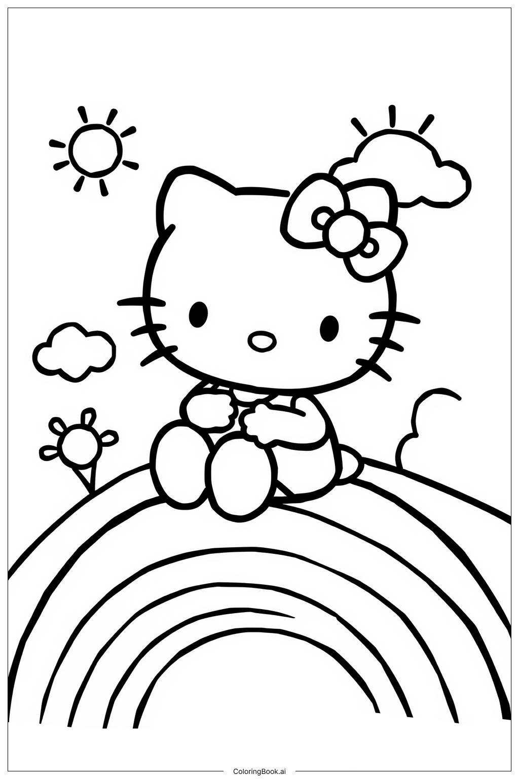  Página para colorear de hello kitty sentada en un arcoíris 