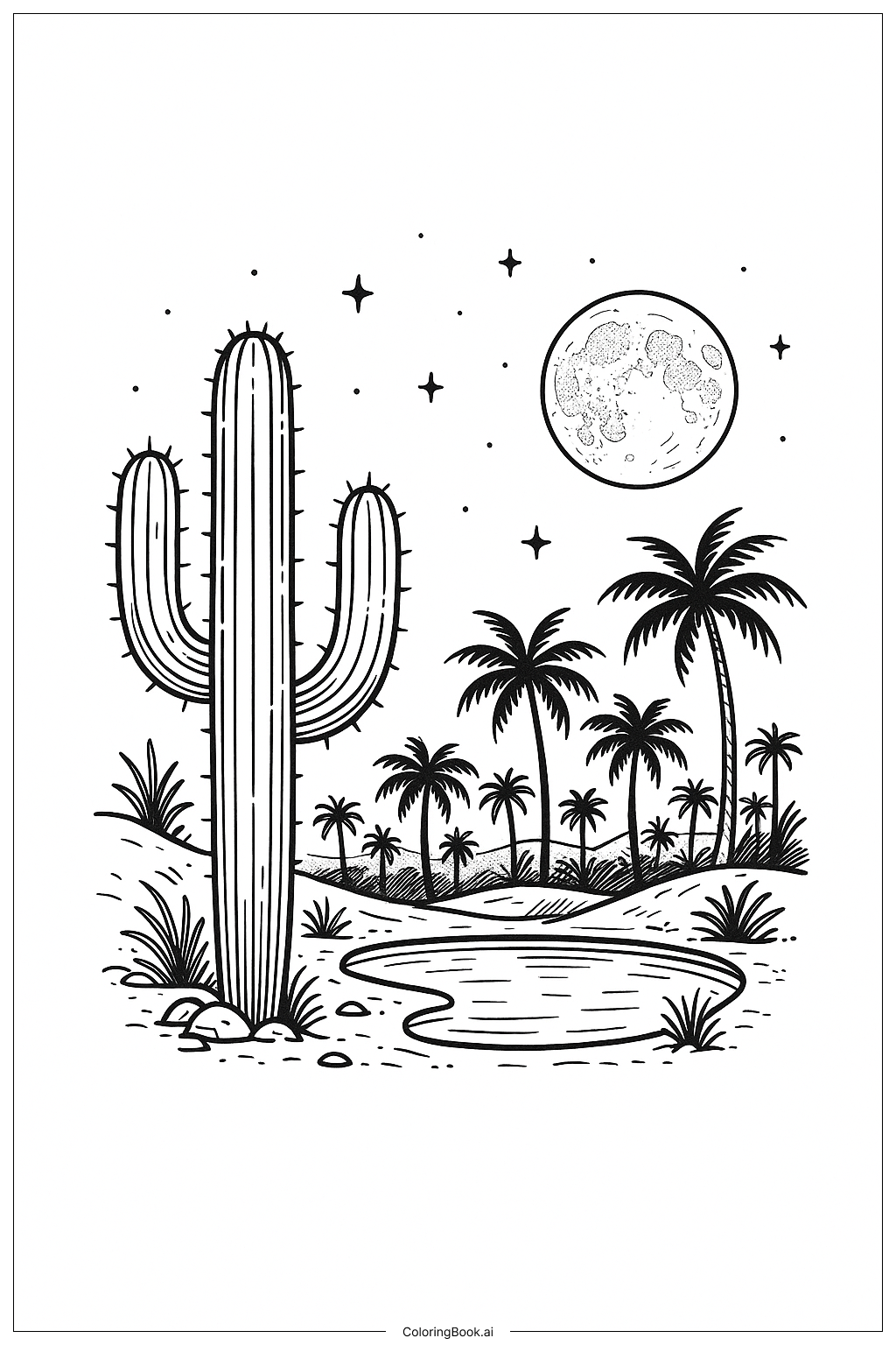  Página para colorear de Cactus y Oasis Bajo la Luna 