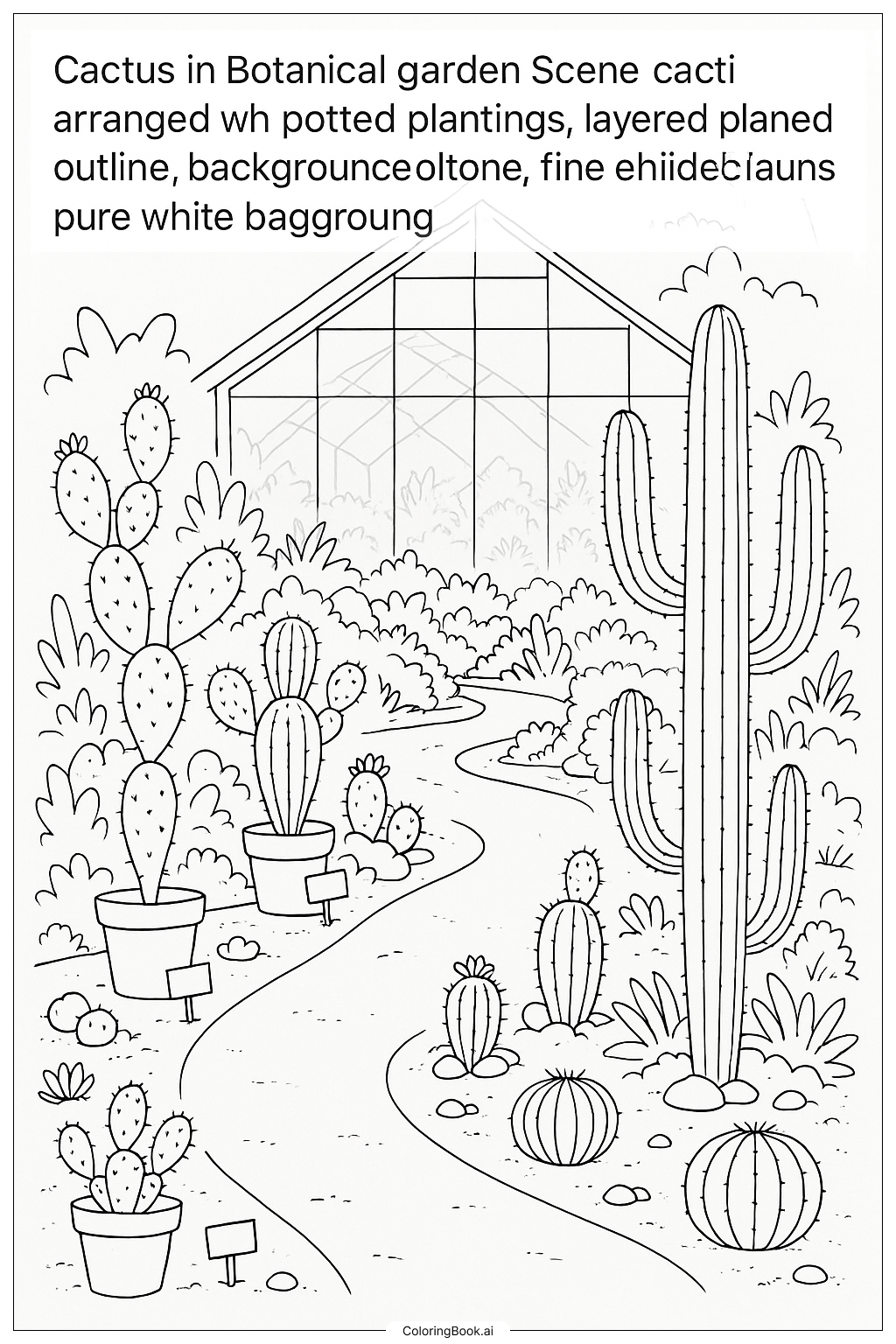植物園のサボテンの風景の塗り絵ページ