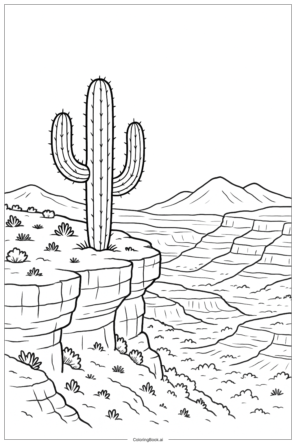 崖の見晴らしに立つサボテンの塗り絵ページ