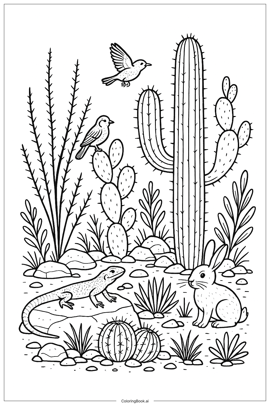 サボテンと砂漠の野生動物の塗り絵ページ
