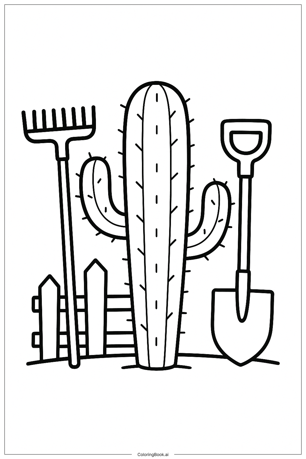 Cactus With Garden Tools Coloring Page