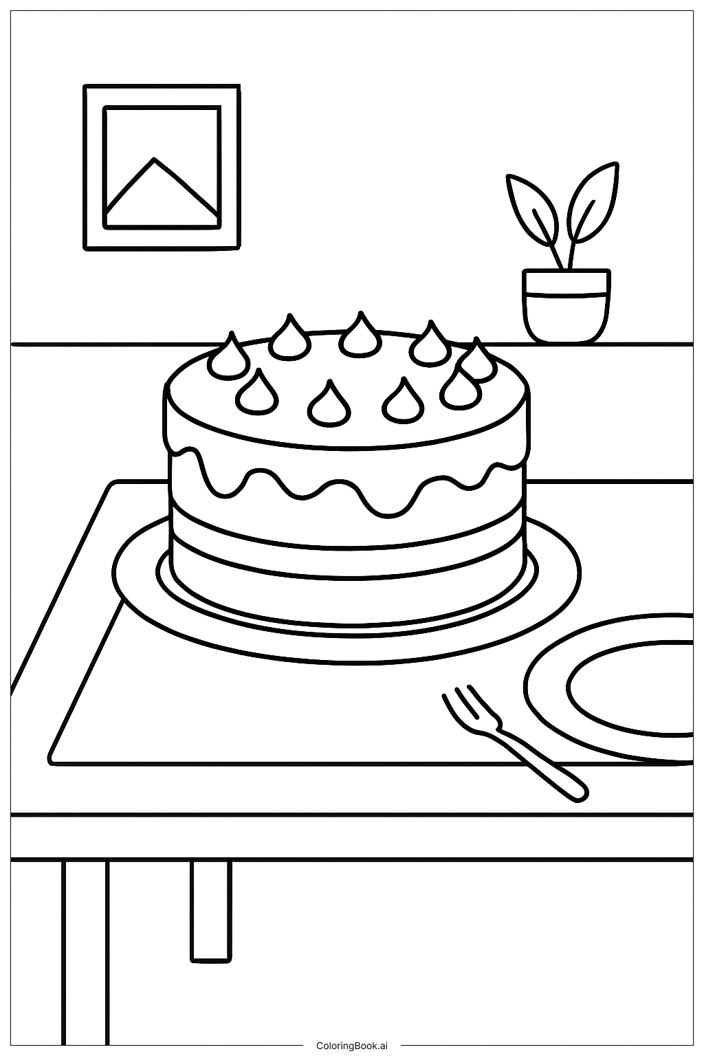  Cake On Table With Plate Coloring Page 
