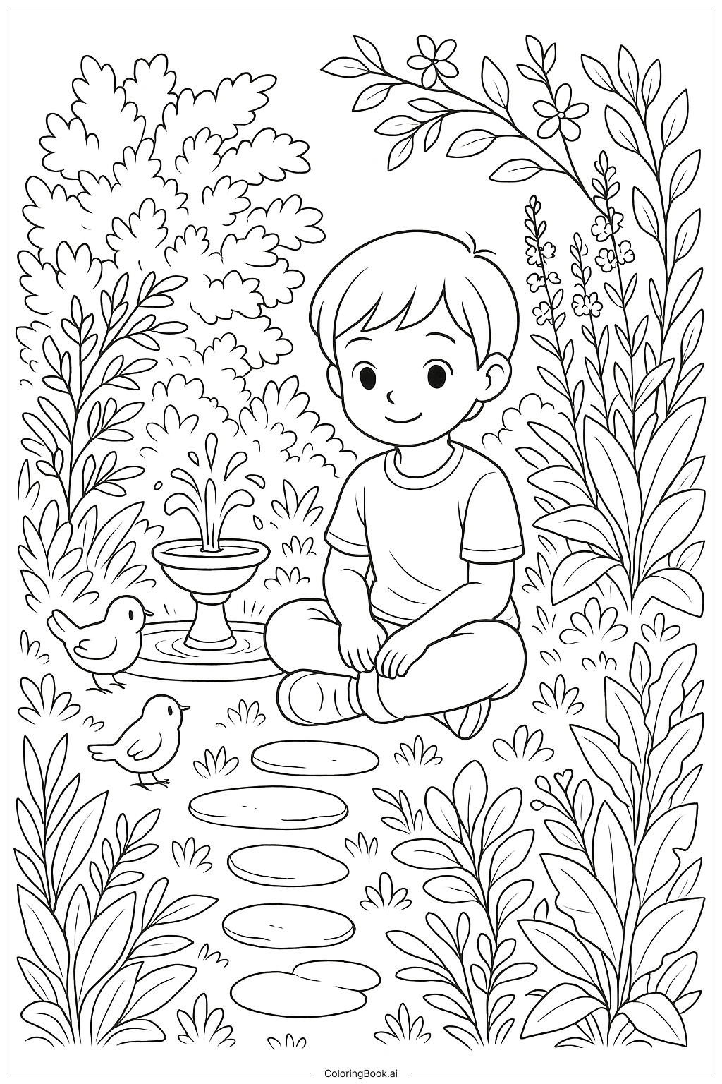 穏やかな心の庭 メンタルヘルスの塗り絵ページ