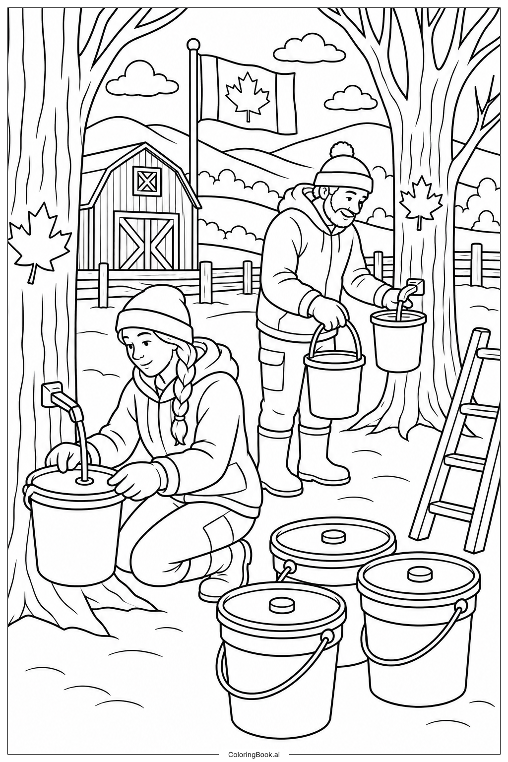 Canada Flag Maple Syrup Harvest Coloring Page
