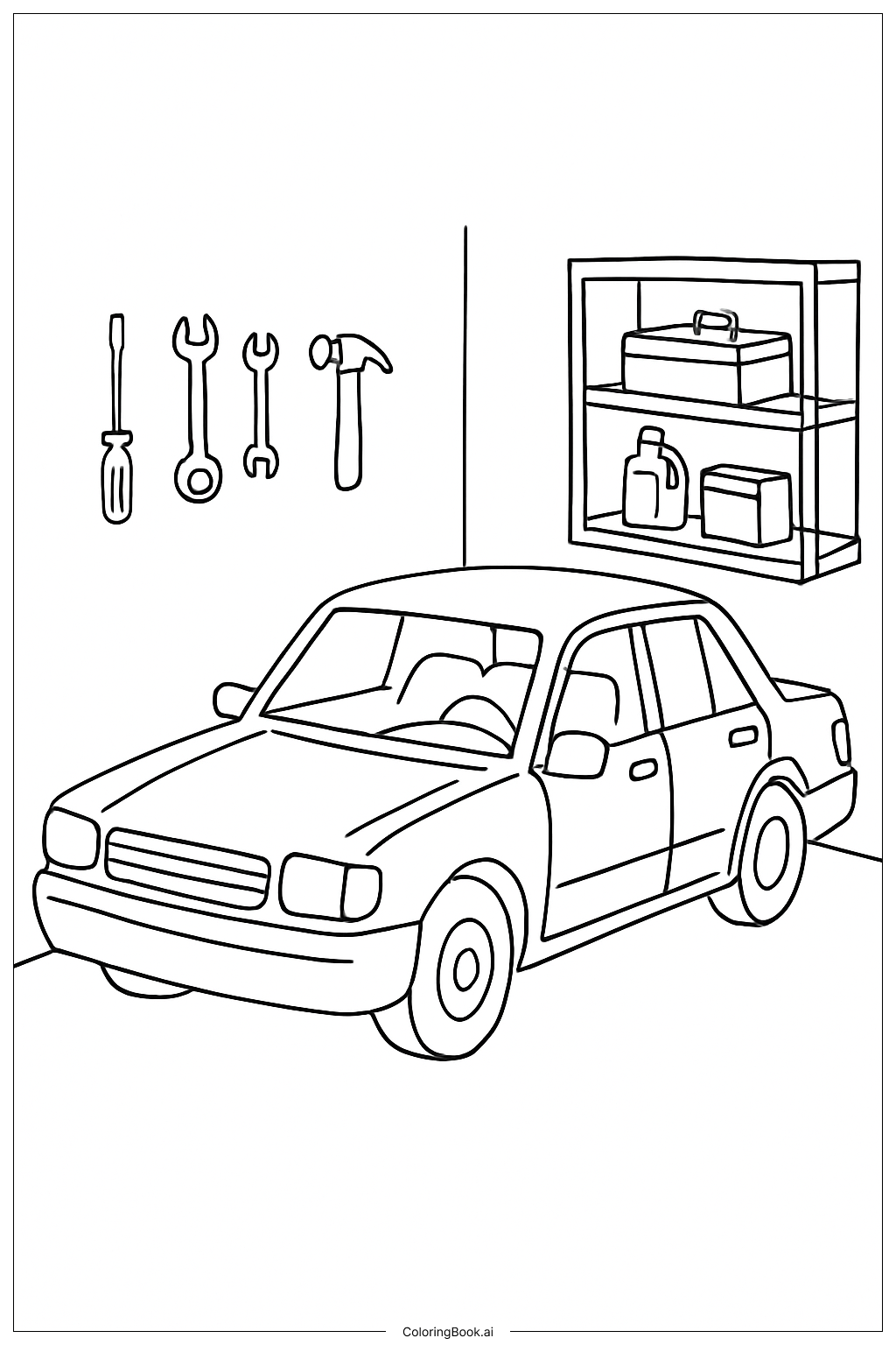  车库里的汽车填色页 