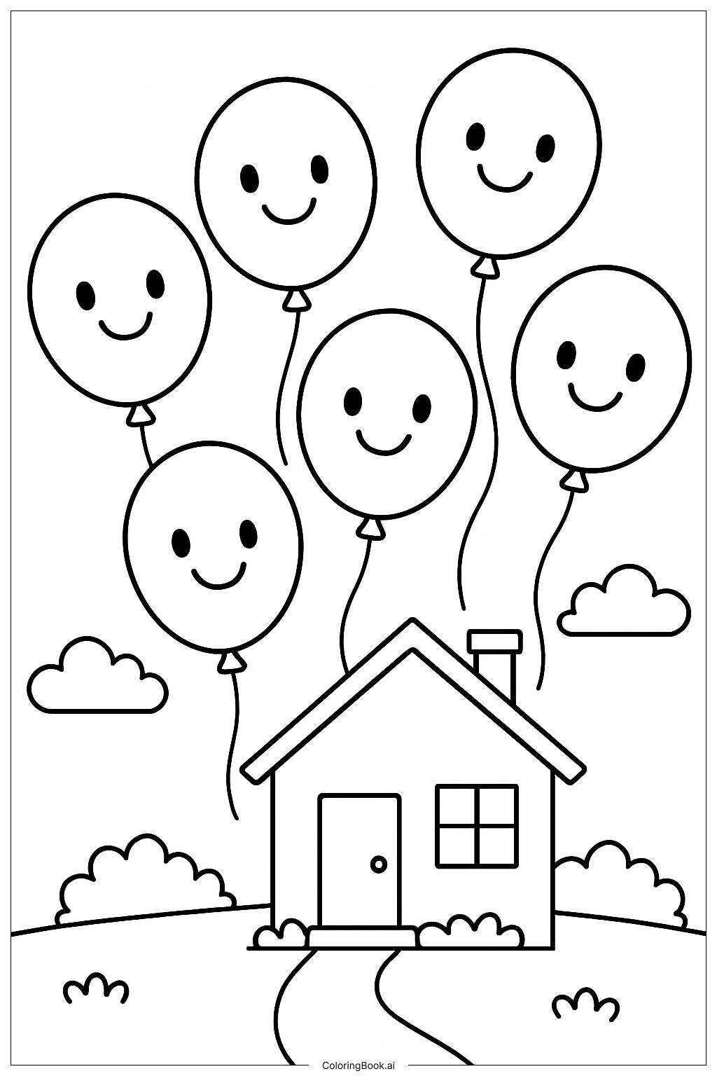  Cartoon-Luftballons über dem Haus Ausmalseite 
