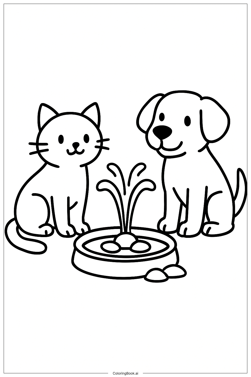  Katze und Hund an einem Brunnen Ausmalseite 