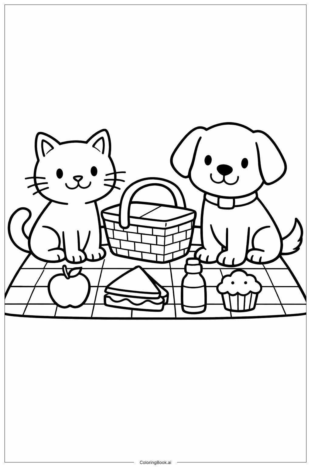  野餐上的貓與狗著色頁 