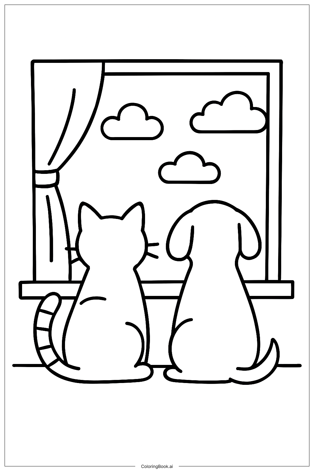  貓咪與狗狗在窗邊著色頁 