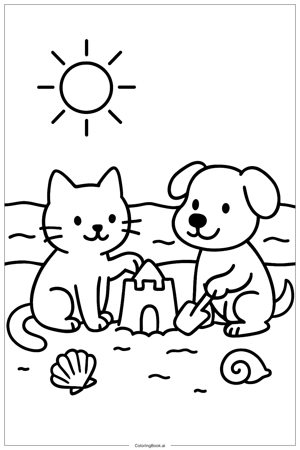  海灘上的貓與狗著色頁 