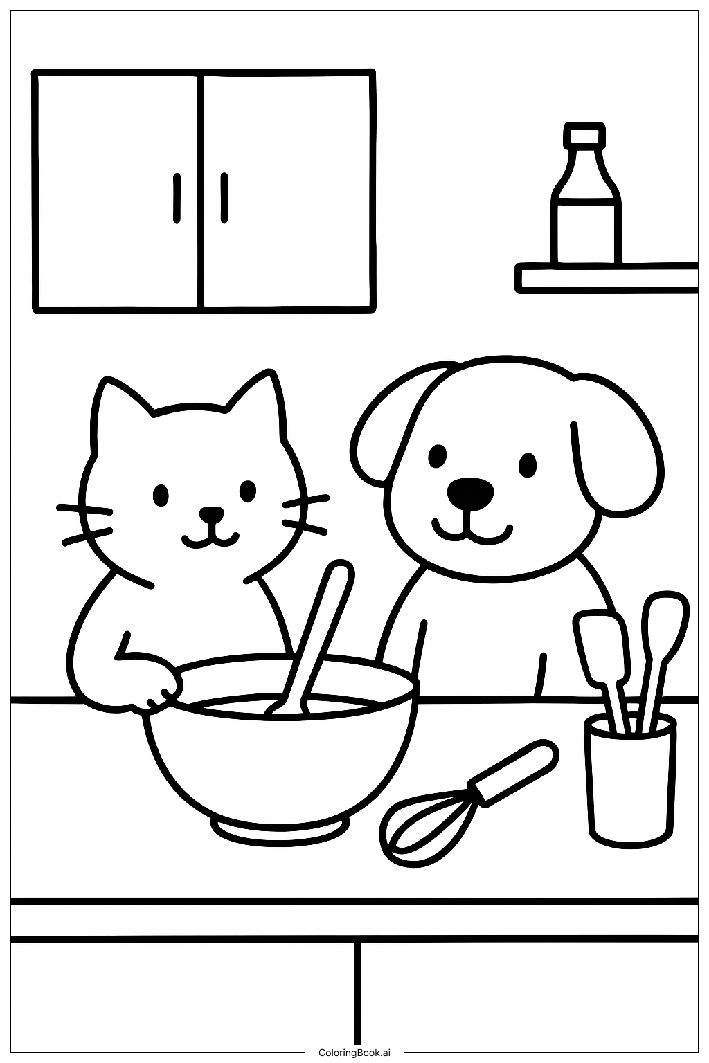  貓咪與狗狗一起烘焙著色頁 