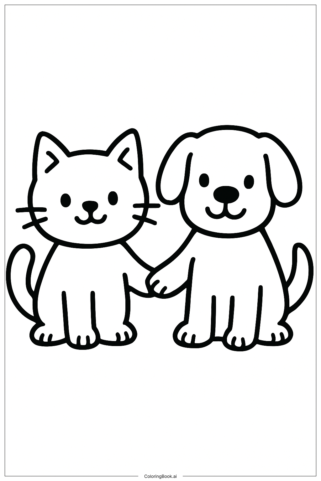  貓咪與狗狗牽手著色頁 