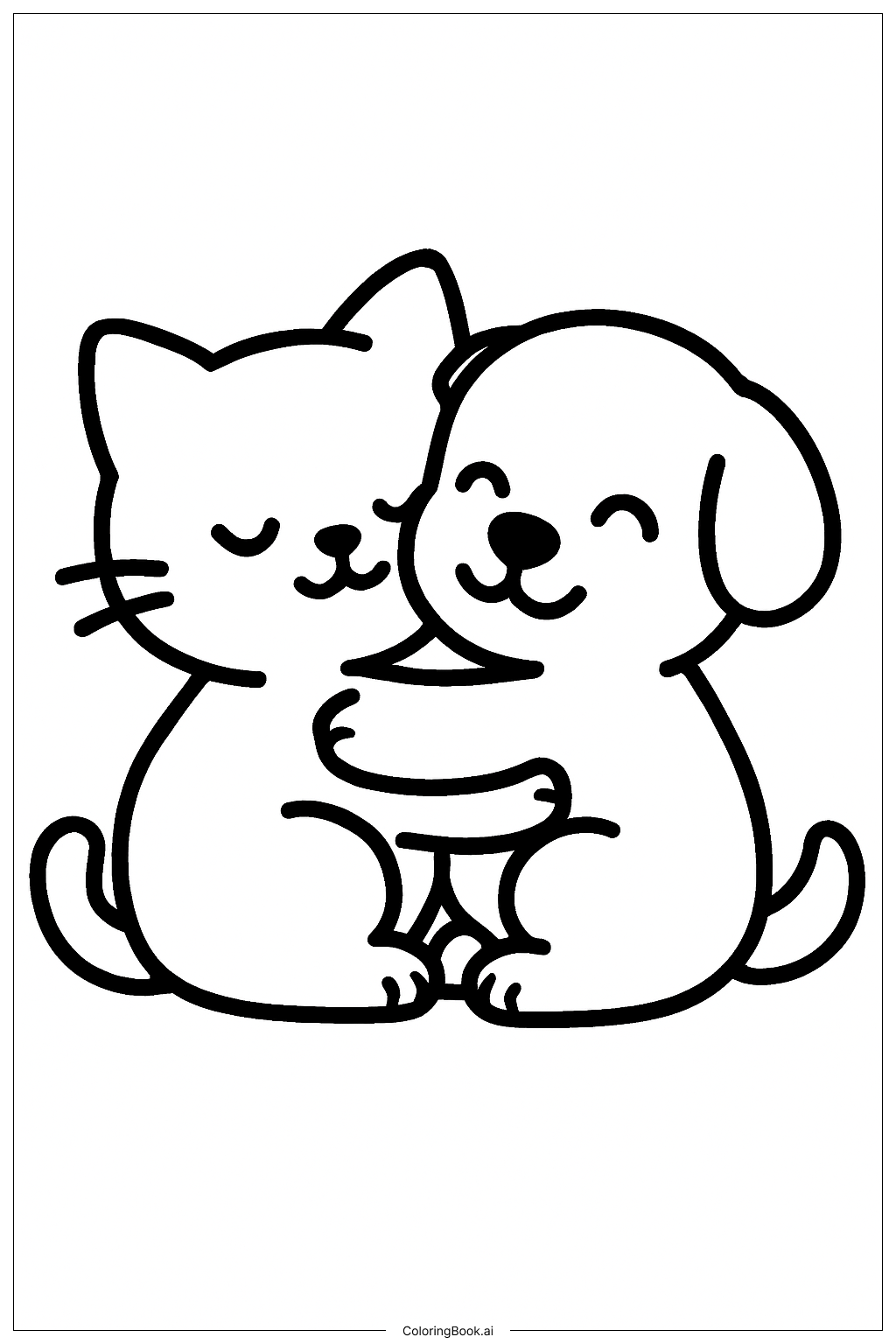 貓狗擁抱著色頁 