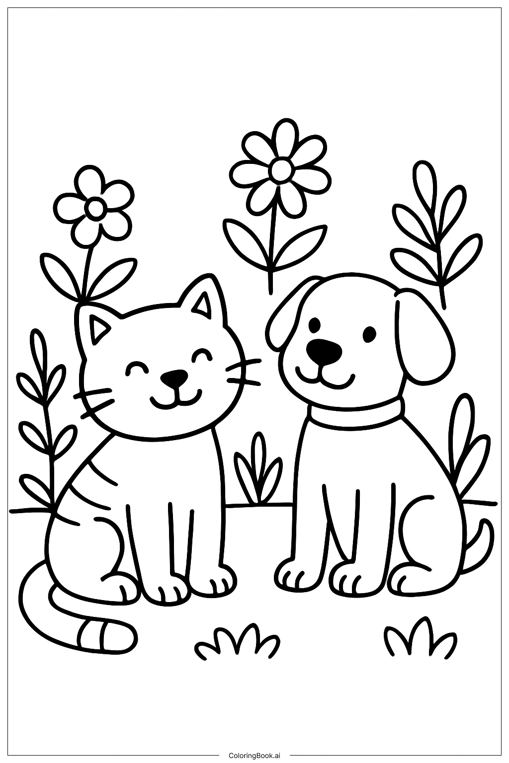  花園裡的貓與狗著色頁 