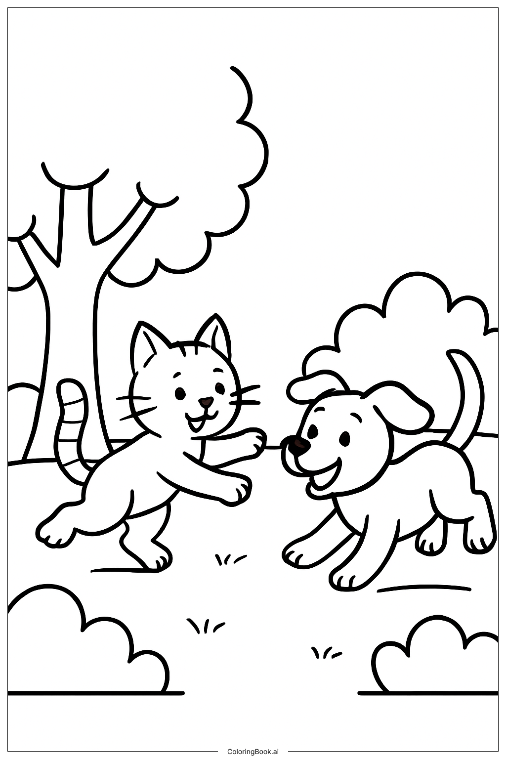  公園裡的貓與狗著色頁 