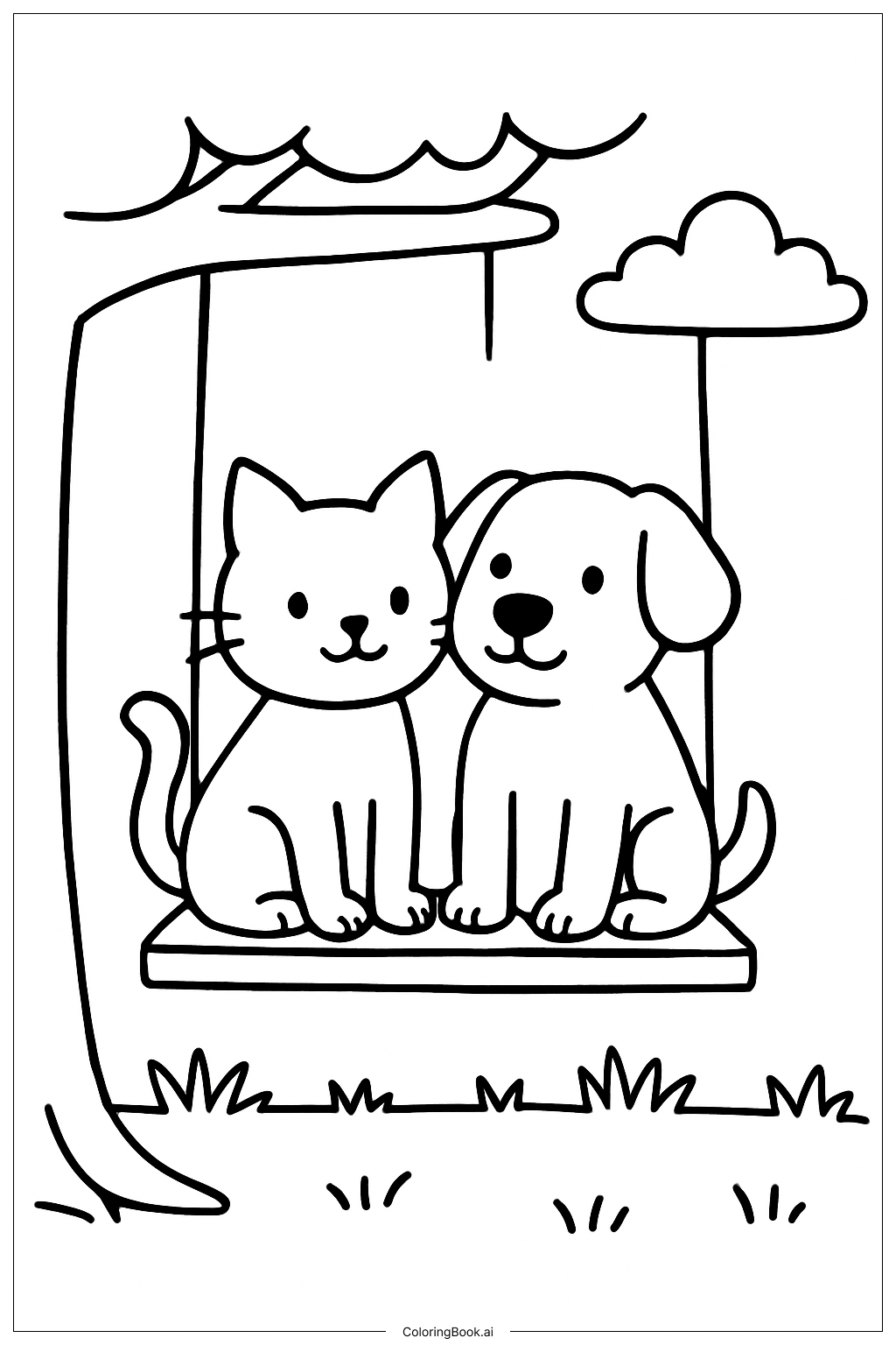  貓咪與狗狗盪鞦韆著色頁 
