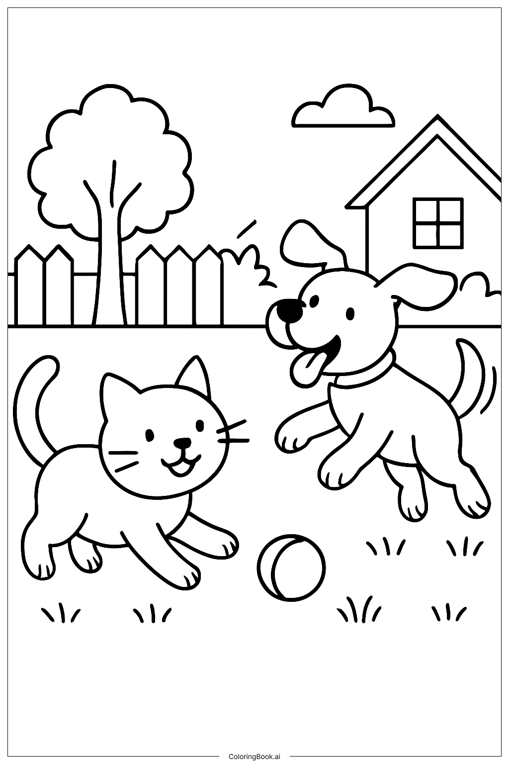  貓咪與狗狗玩接球著色頁 