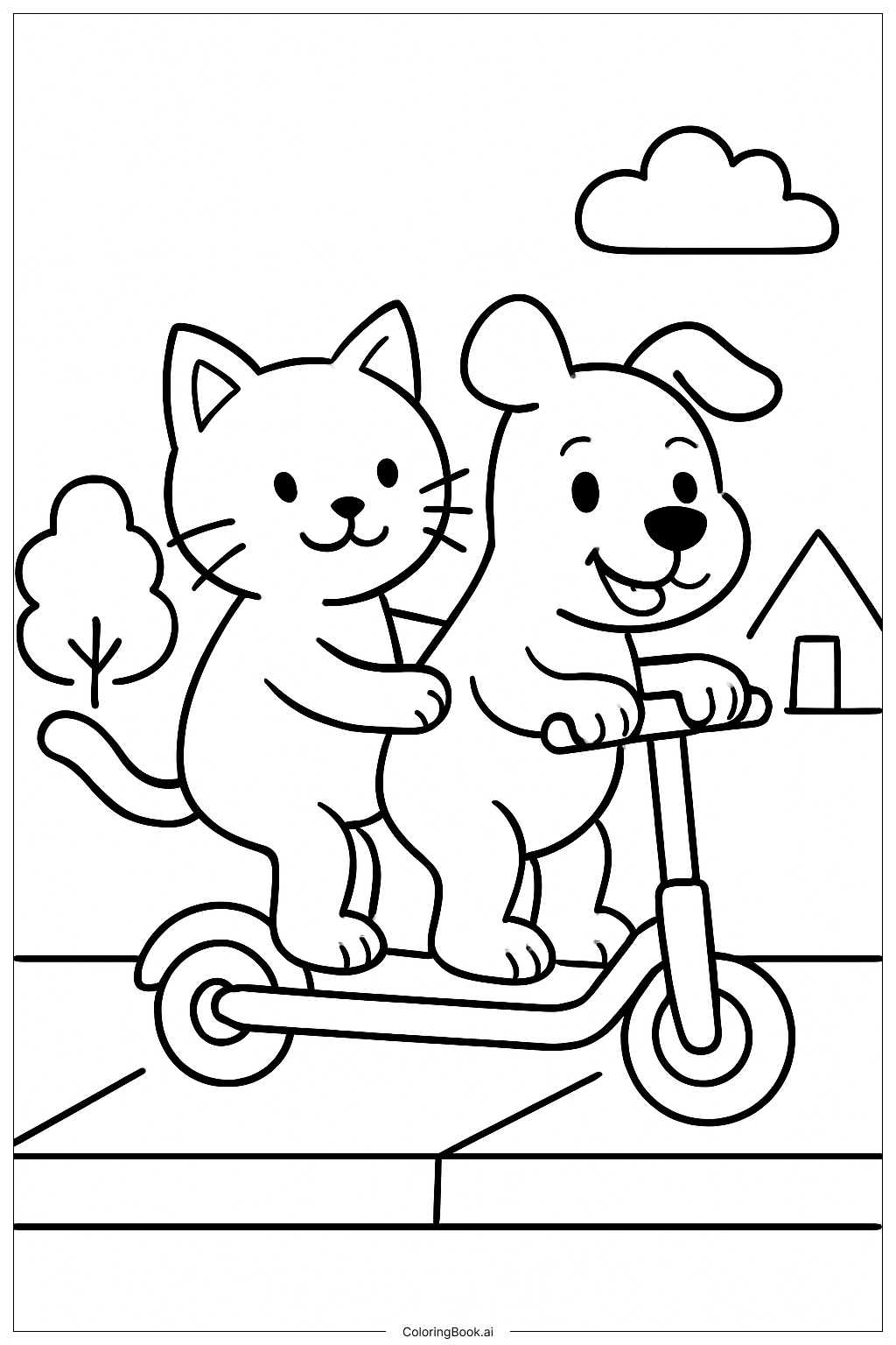  貓咪與狗狗一起騎滑板車著色頁 