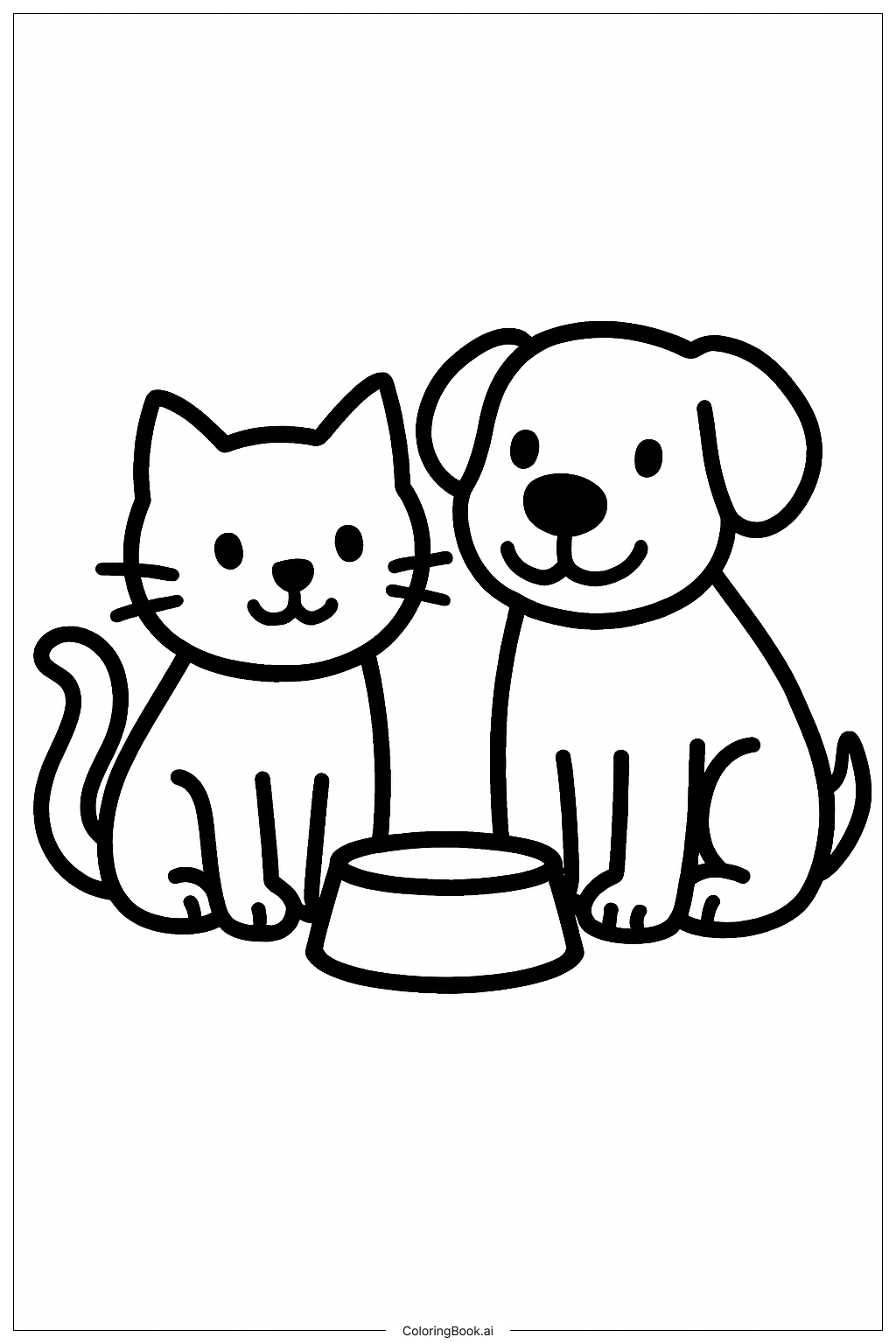  貓咪與狗狗共用一個碗著色頁 