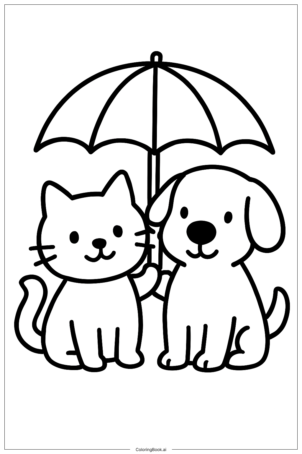  貓咪和狗狗共用一把傘著色頁 