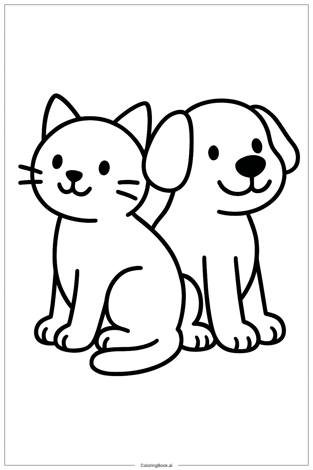  貓和狗背靠背坐著著色頁 