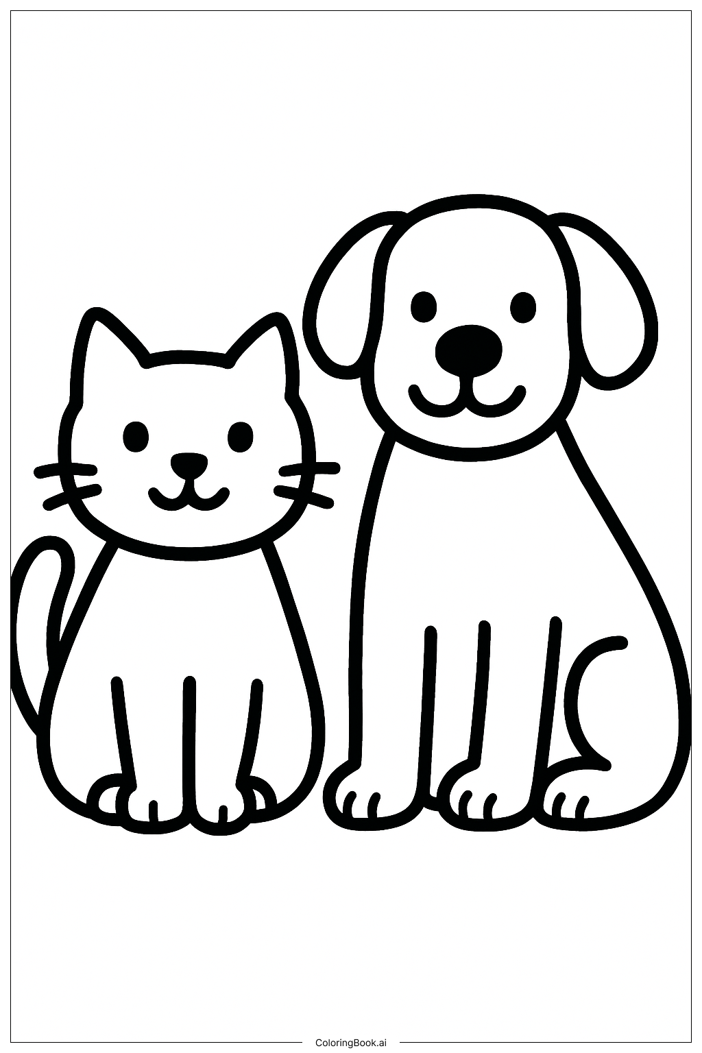  貓咪與狗狗並肩而坐著色頁 