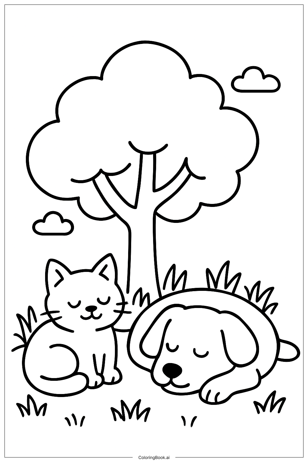  貓咪與狗狗坐樹下著色頁 