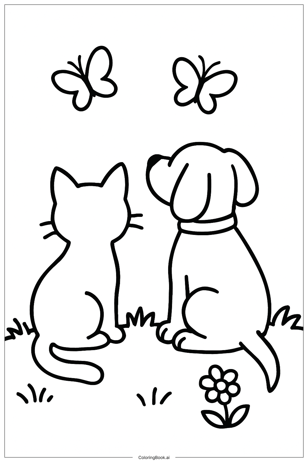  貓咪和狗狗看蝴蝶著色頁 