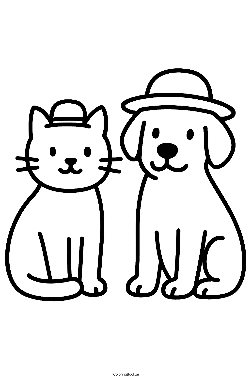  戴帽子的貓和狗著色頁 