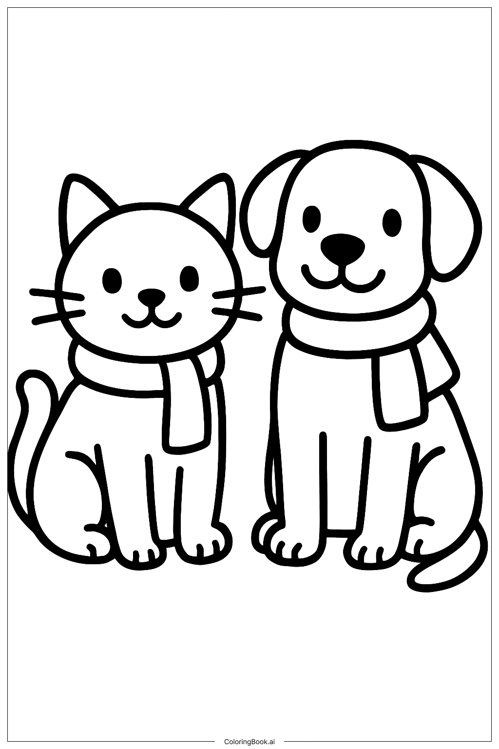  戴著圍巾的貓和狗著色頁 