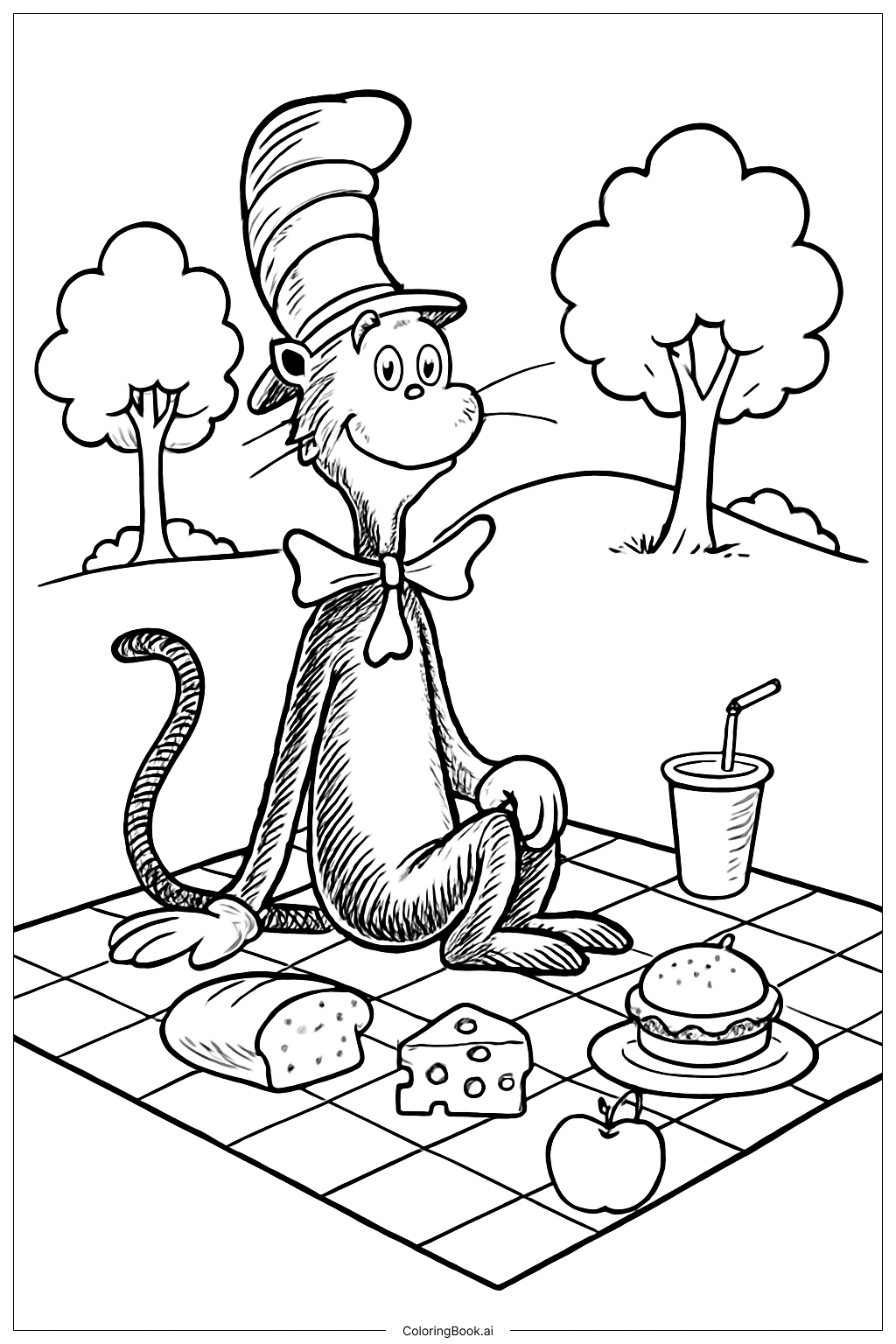 Página para colorear de El Gato Ensombrerado en la Manta de Picnic
