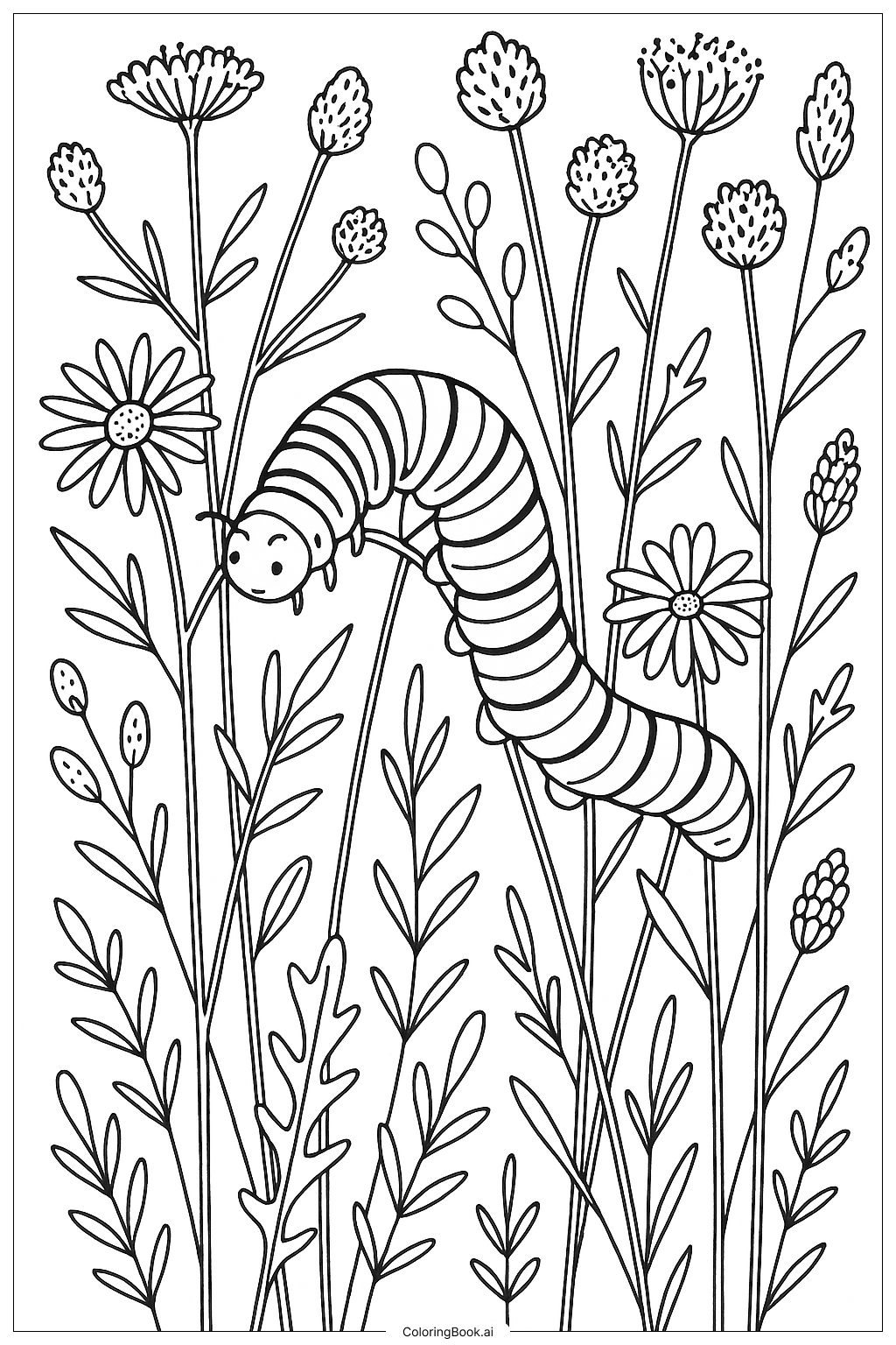  Page de coloriage Chenille parmi les fleurs sauvages 