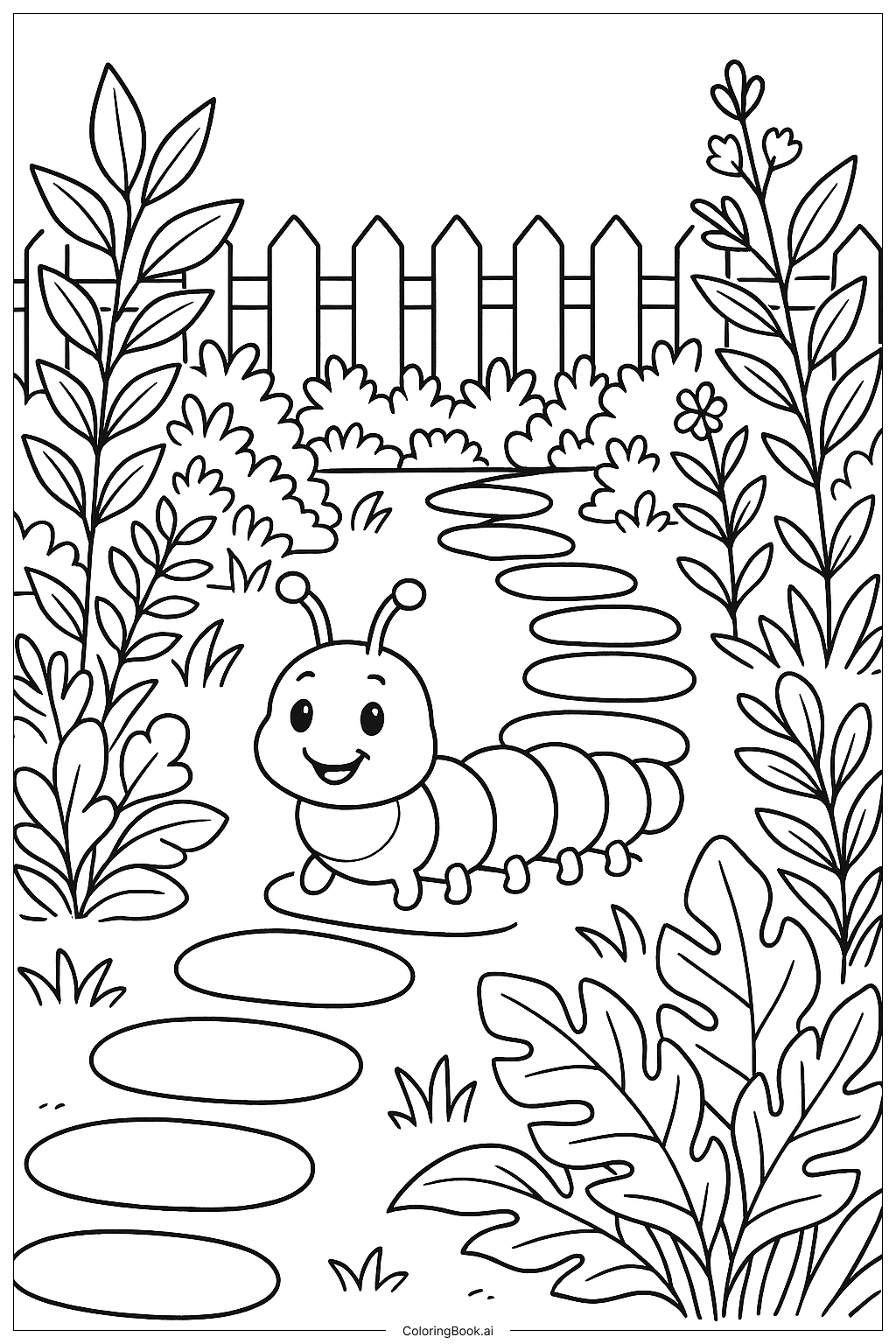  毛毛蟲與熱鬧的花園小徑著色頁 