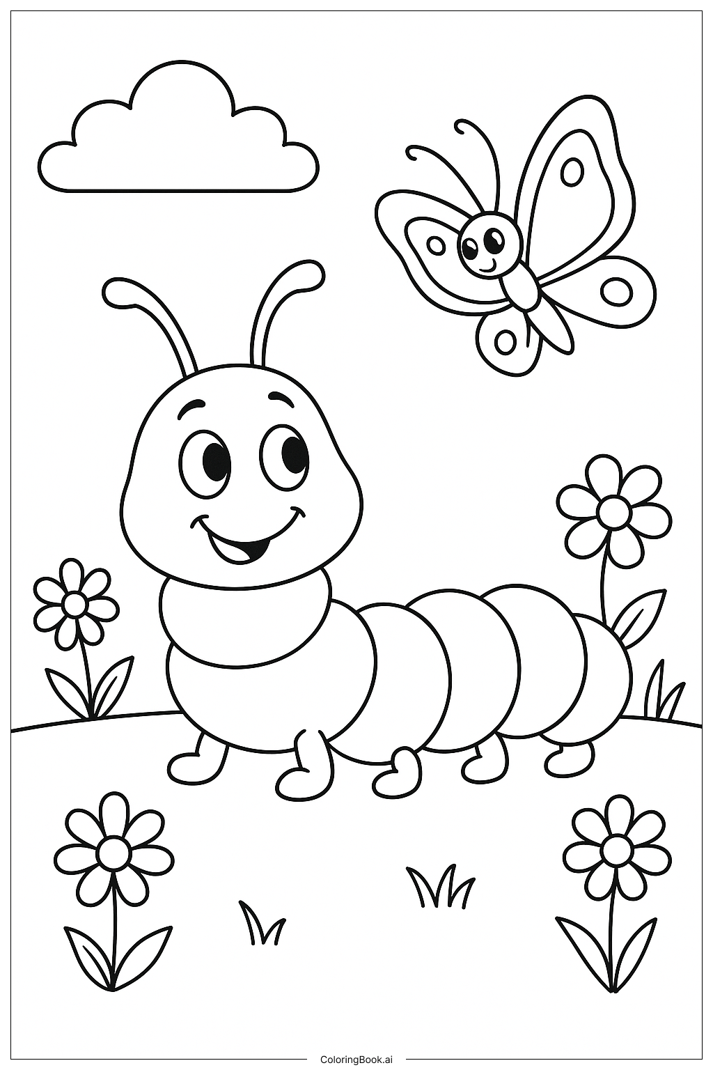 イモムシとチョウチョの塗り絵ページ