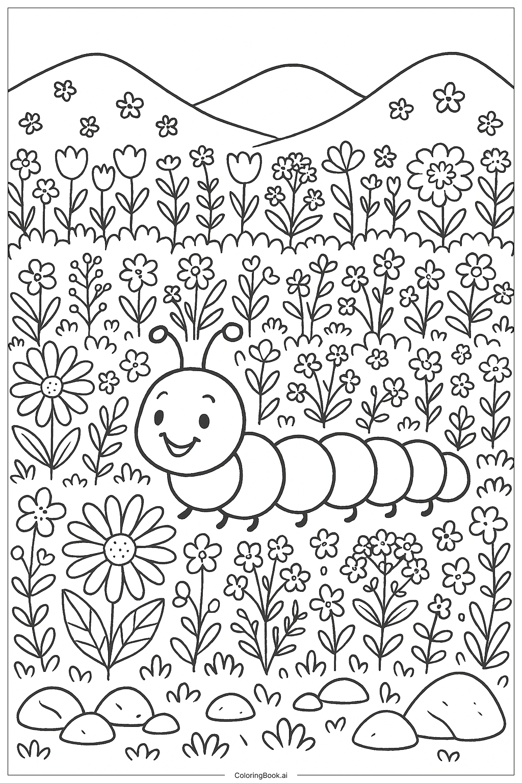  毛毛蟲在花草草地著色頁 