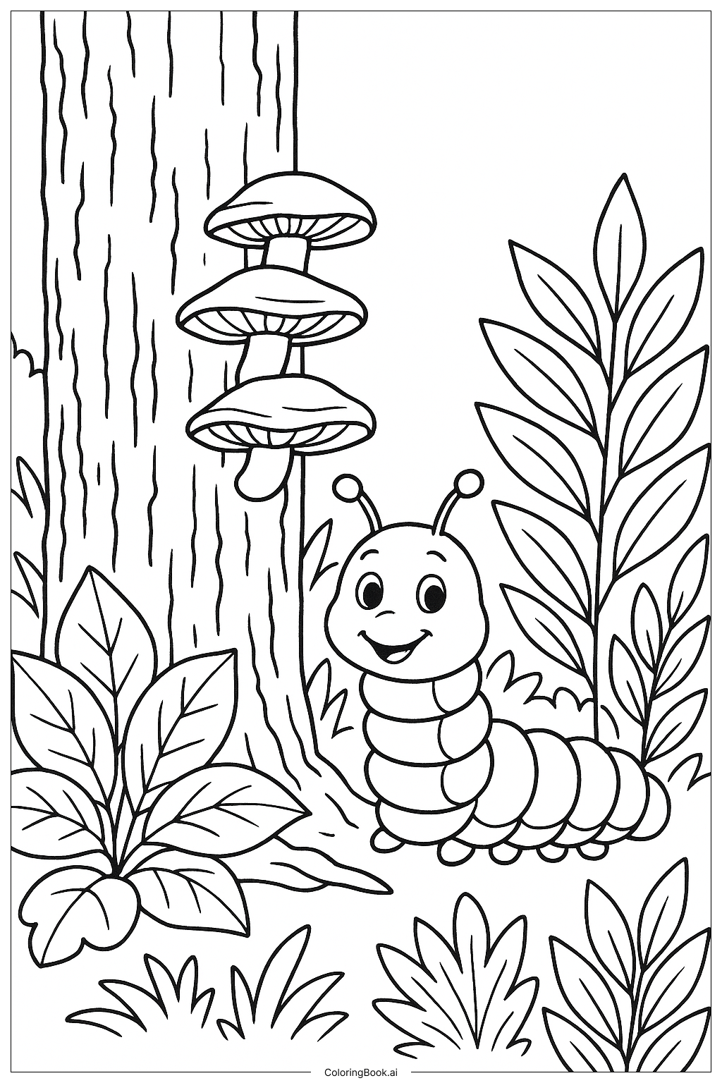  Page de coloriage Chenille Près d'un Tronc d'Arbre avec des Champignons 