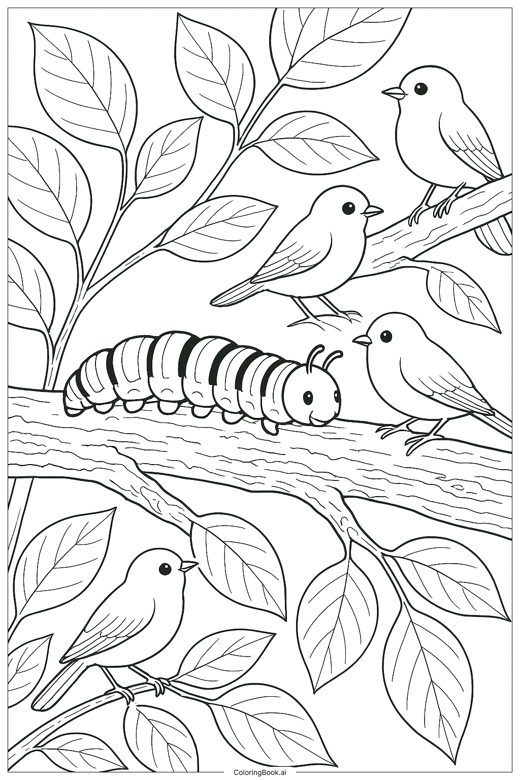  樹枝上的毛毛蟲與小鳥著色頁 