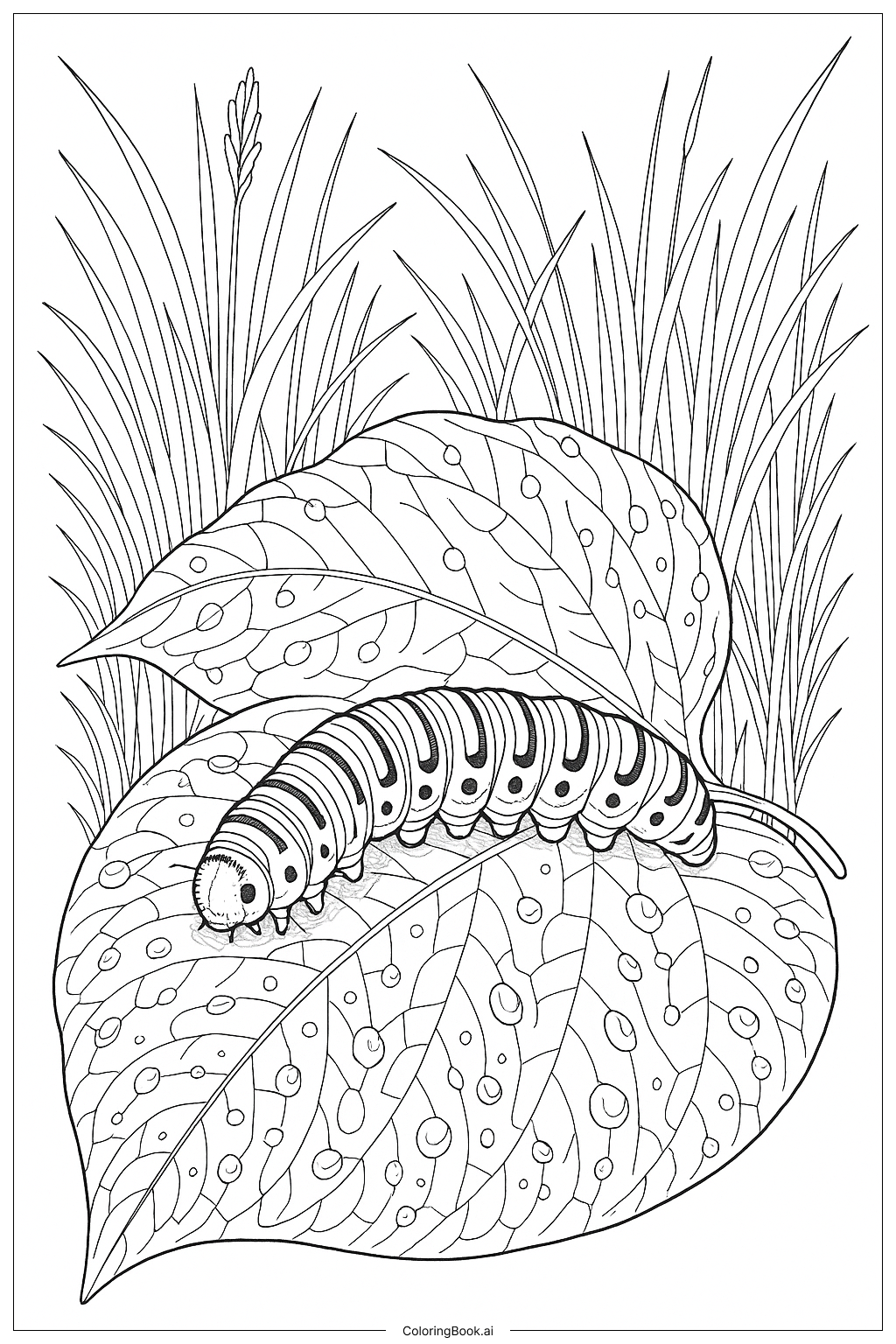  Page de coloriage Chenille sur une feuille couverte de rosée 
