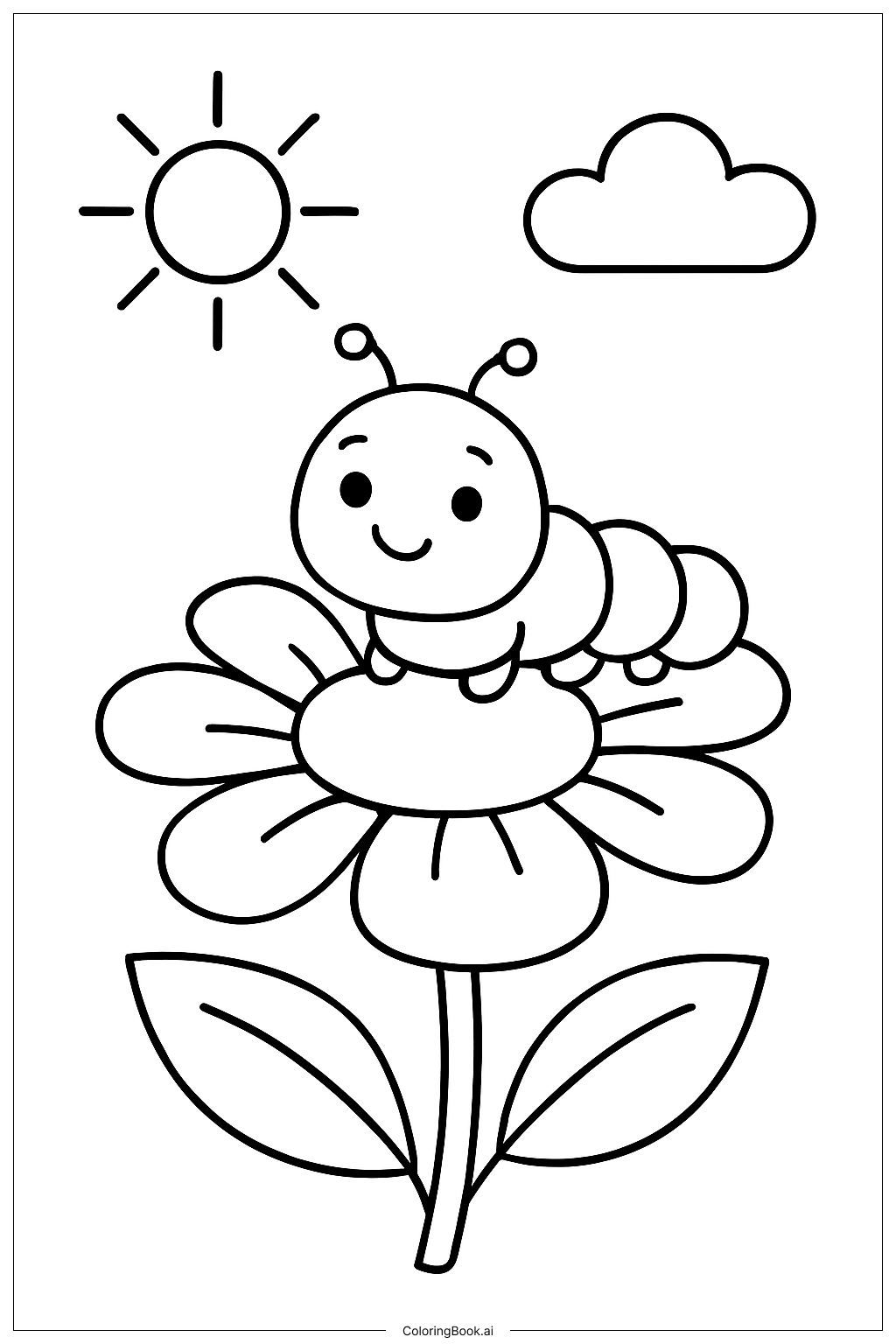 花の上のイモムシの塗り絵ページ