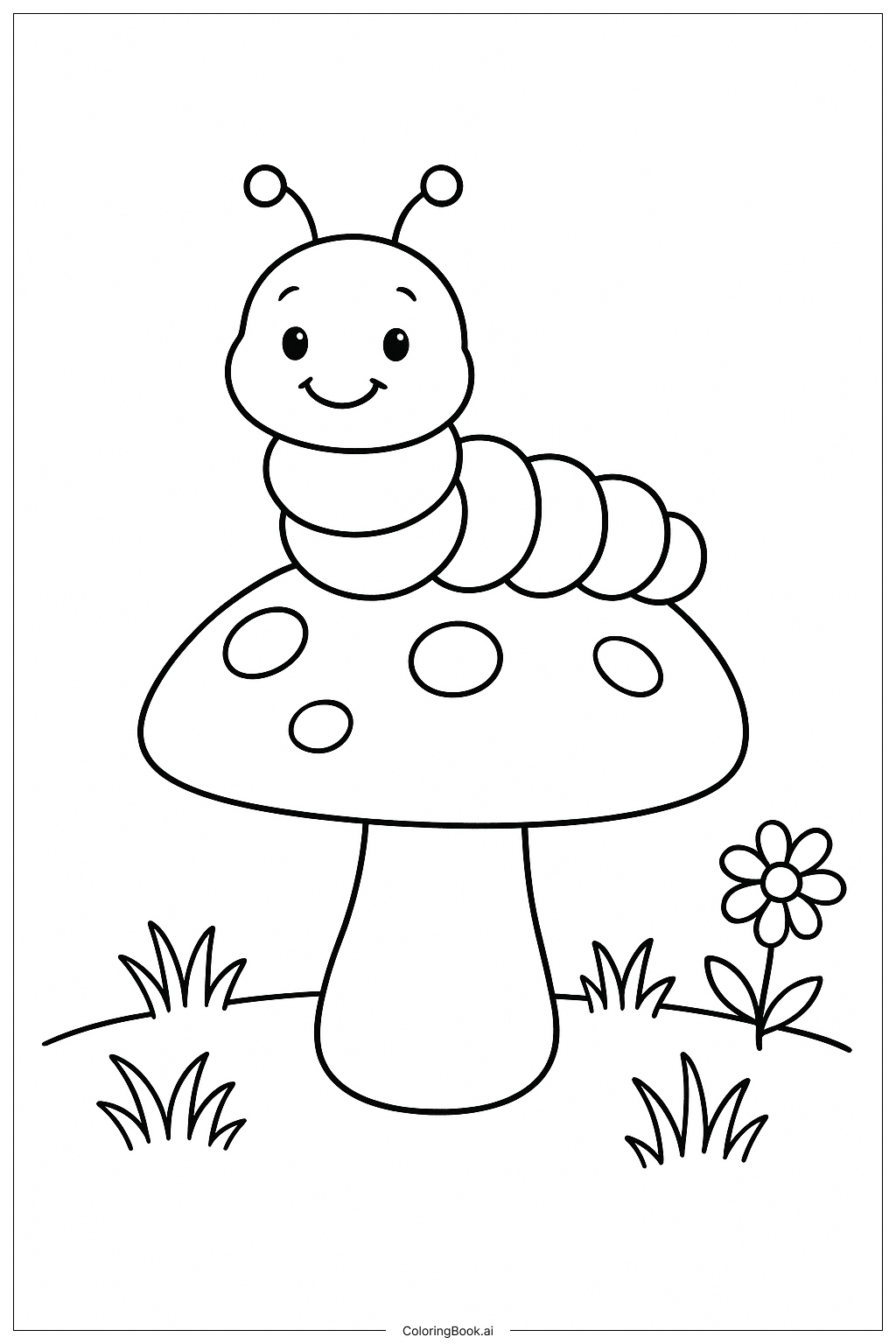 버섯 위에 애벌레 색칠공부 페이지