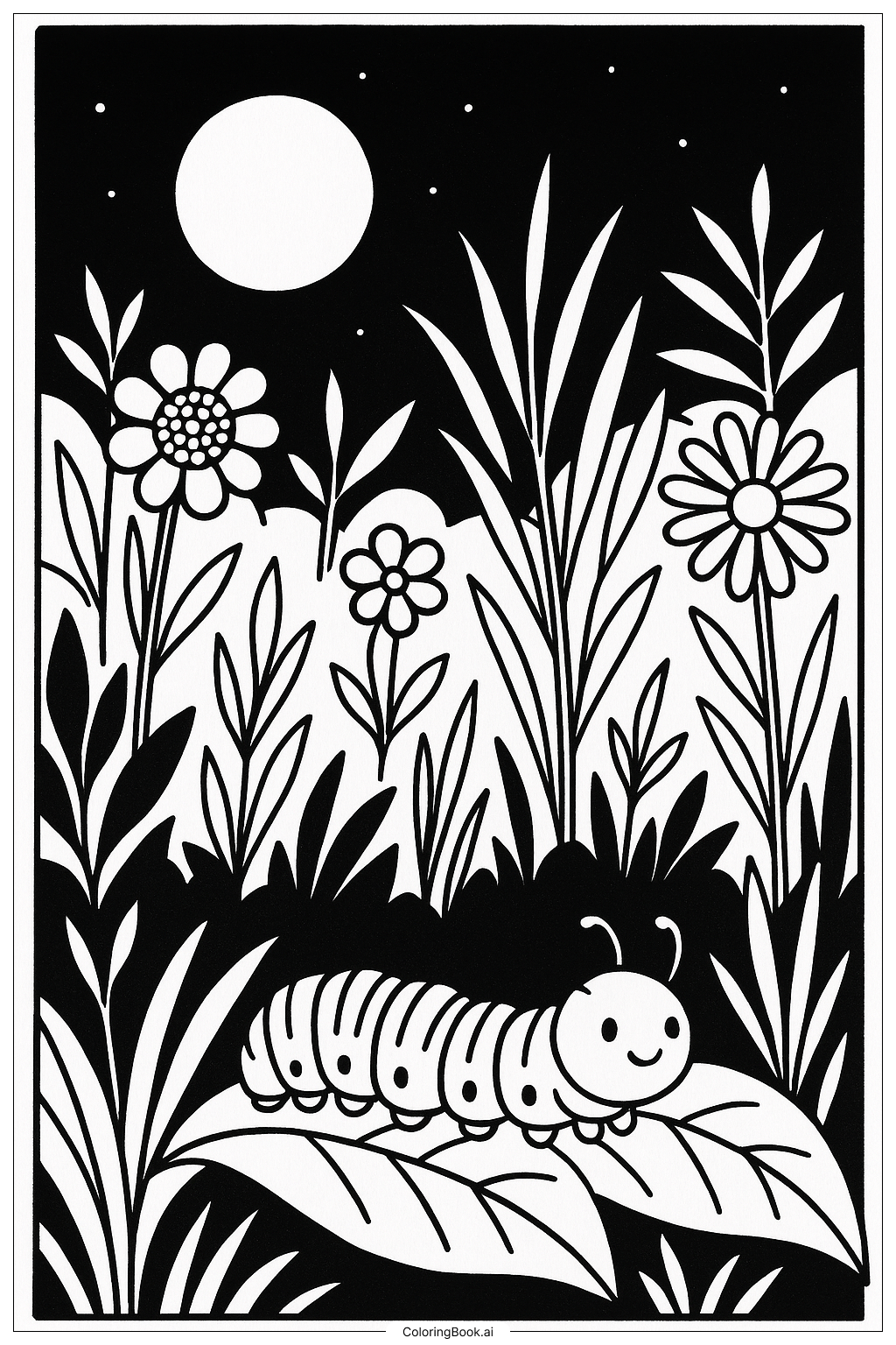 月明かりの下のイモムシのシーンの塗り絵ページ 