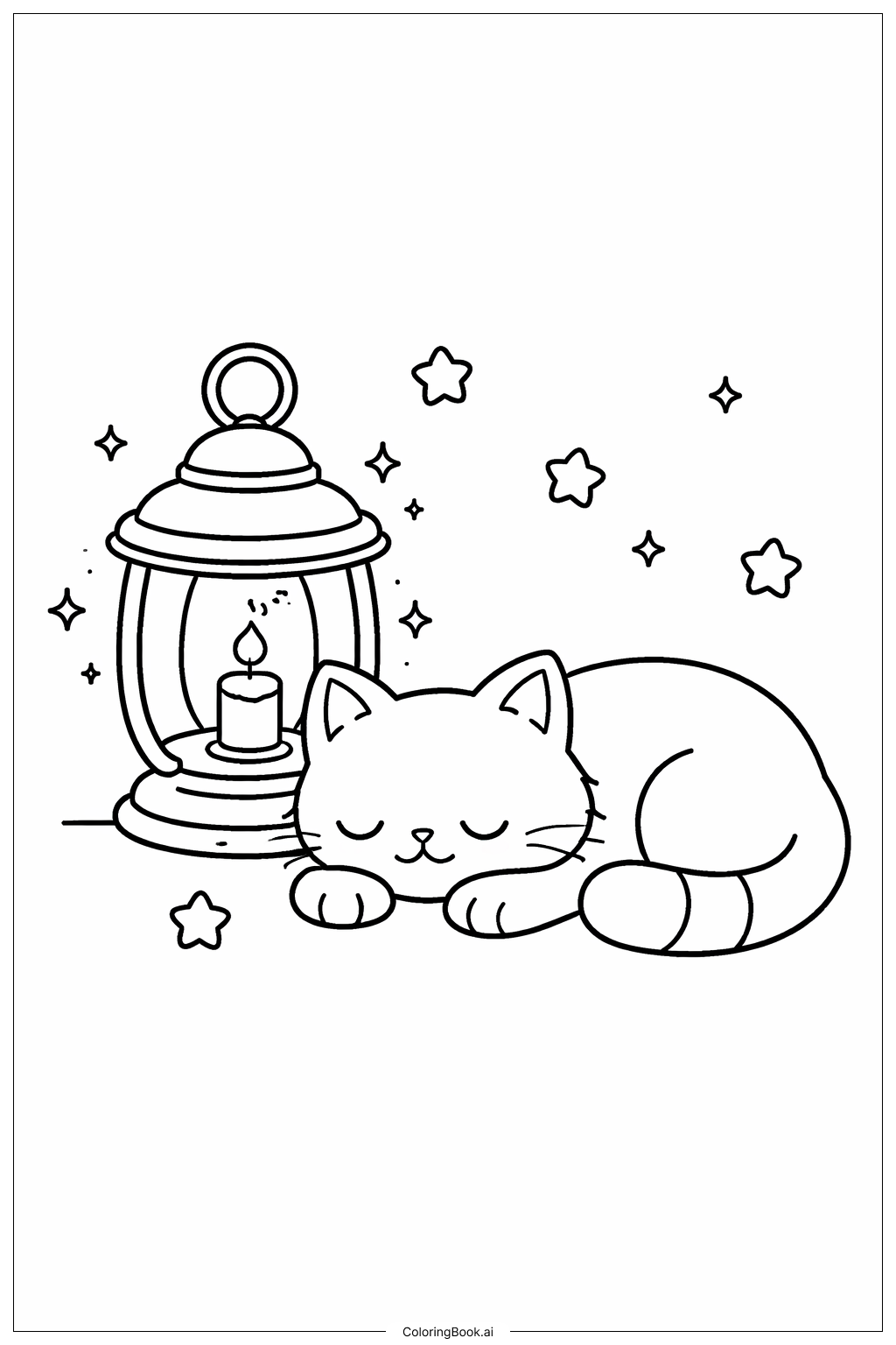  夜晚带灯笼的小憩猫填色页 