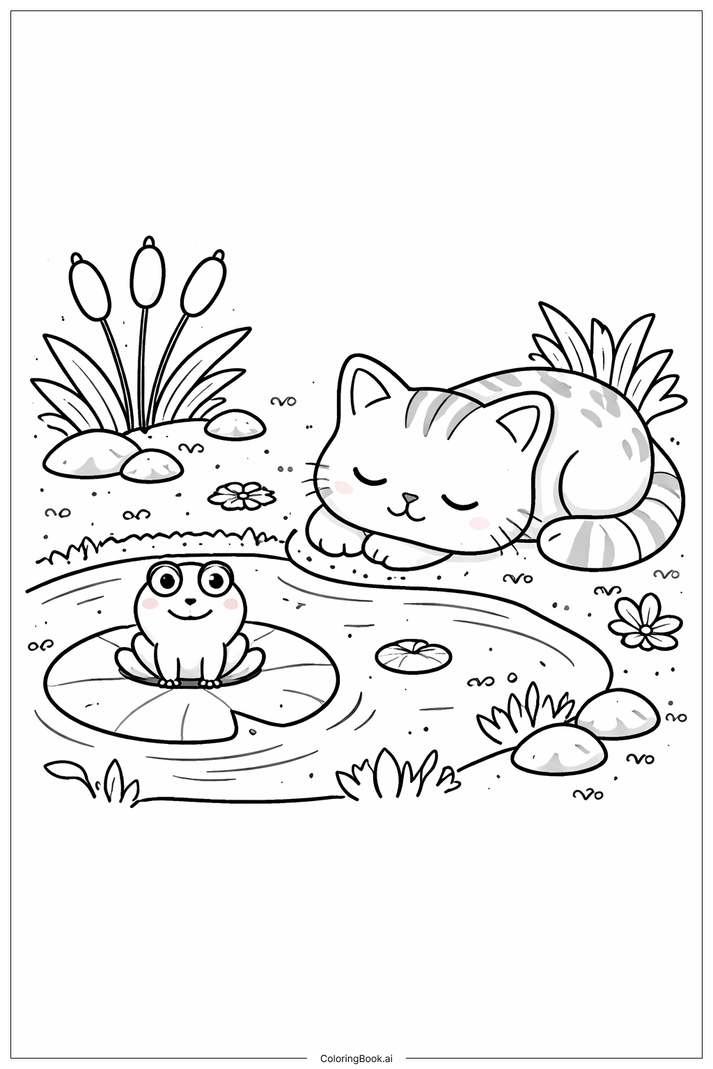  池塘边的小憩猫填色页 
